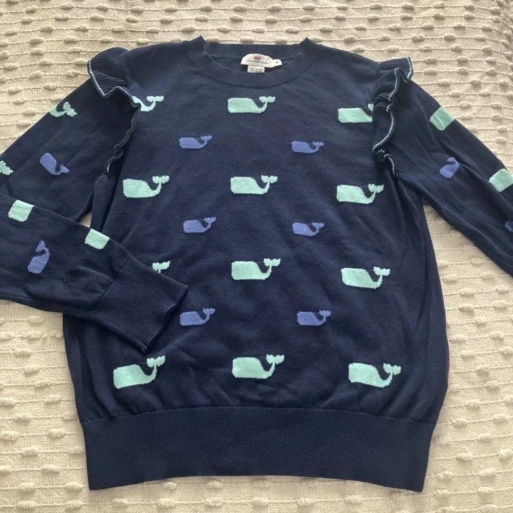 Vineyard Vines Sz M Womens Sweater Pullover Navy Multi Whale Print Cotton Ruffle - Picture 1 of 8